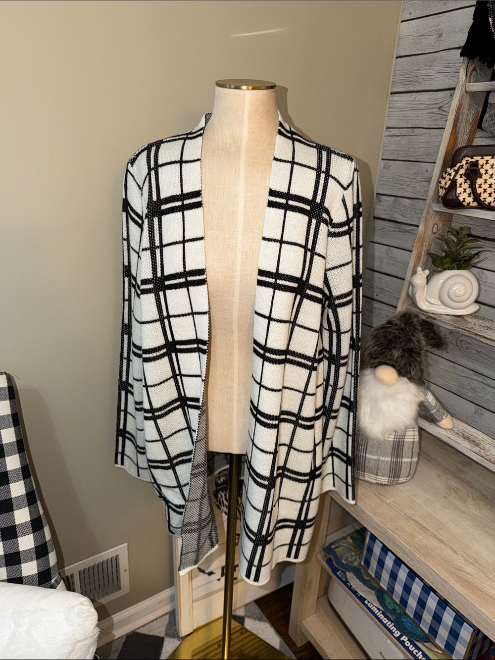 Black & White Windowpane Open Knit Cardigan